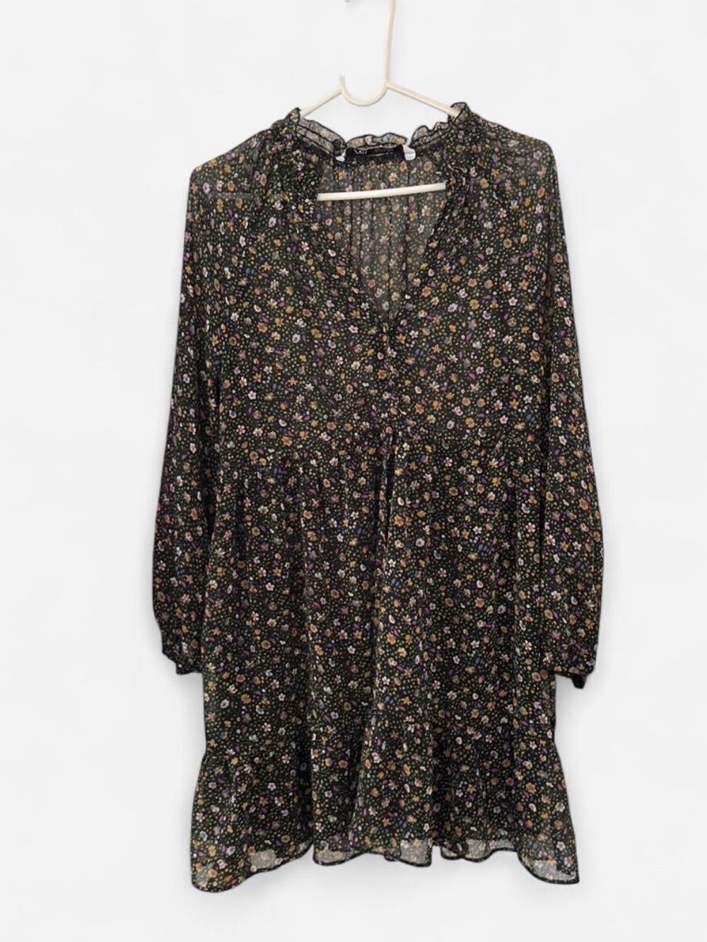 Zara Black Floral Long-Sleeve Ruffle Dress Size S